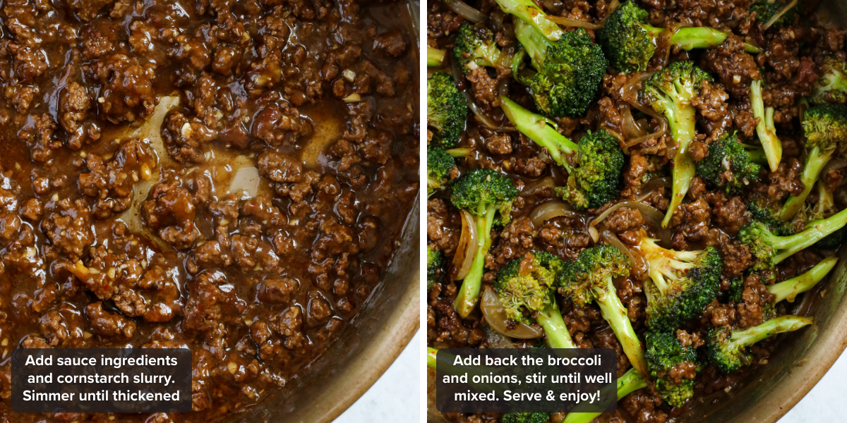 A pair of process shots showing how to cook ground beef and broccoli. The left photo shows an overhead view into a stainless steel skillet containing cooked ground beef in a thick gravy-like sauce. The right image shows the same pan and beef mixture now with cooked broccoli stirred in