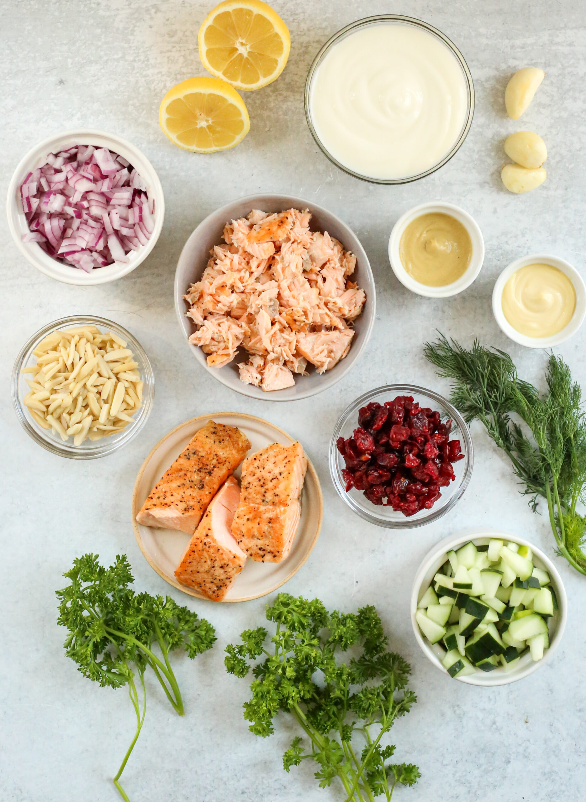 A flatlay of the ingredients needed to make a salmon salad recipe, including cooked salmon, diced cucumbers and red onions, dried cranberries, slivered almonds, fresh dill, fresh parsley, and smaller ramekins with mayo, yogurt, and dijon mustard