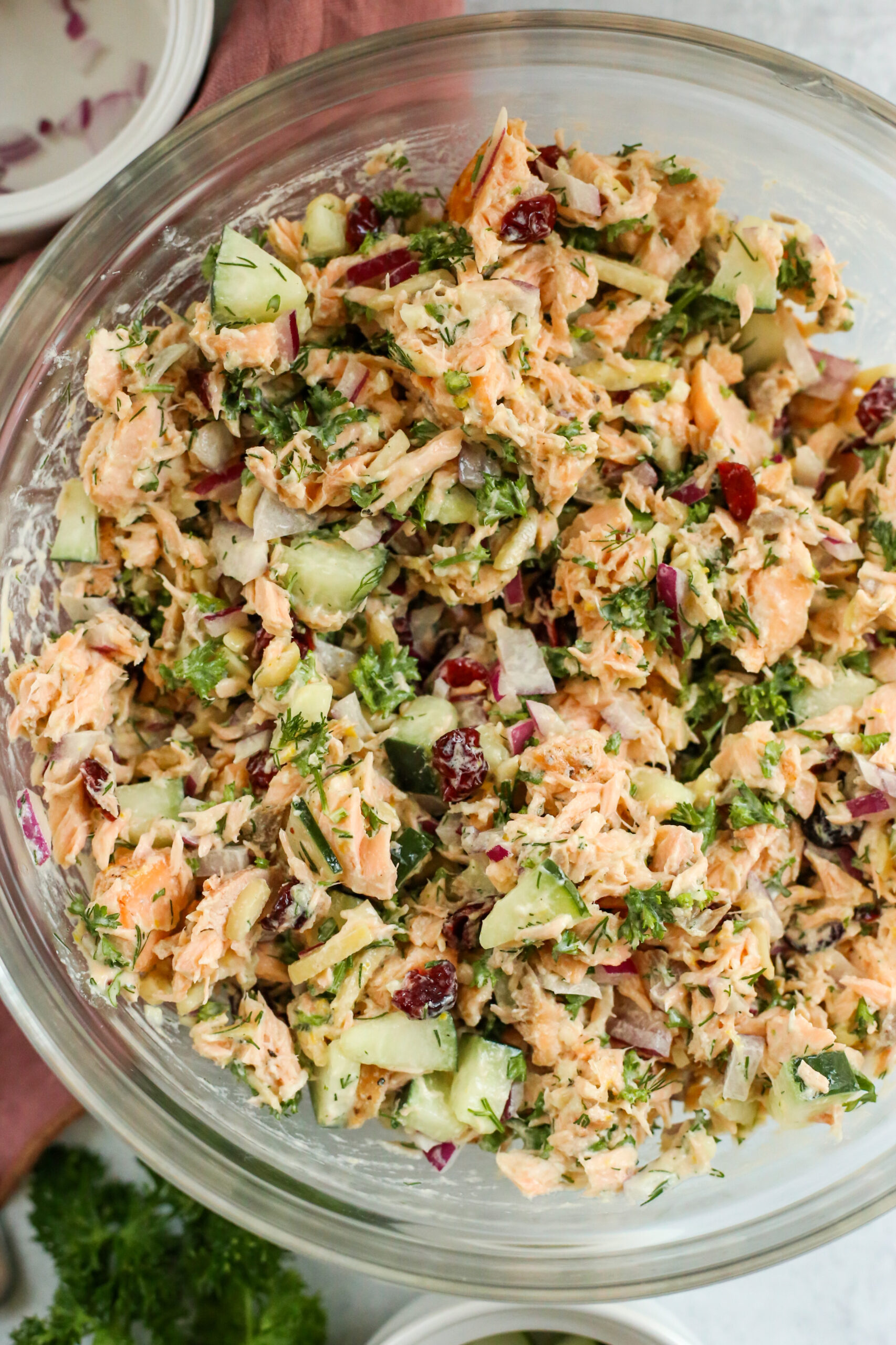 Close up view of a salmon salad for lunch, showing flakes of cooked salmon mixed with diced cucumbers and red onions, slivered almonds, dried cranberries, fresh parsley, and fresh dill, all lightly dressed in a creamy dressing