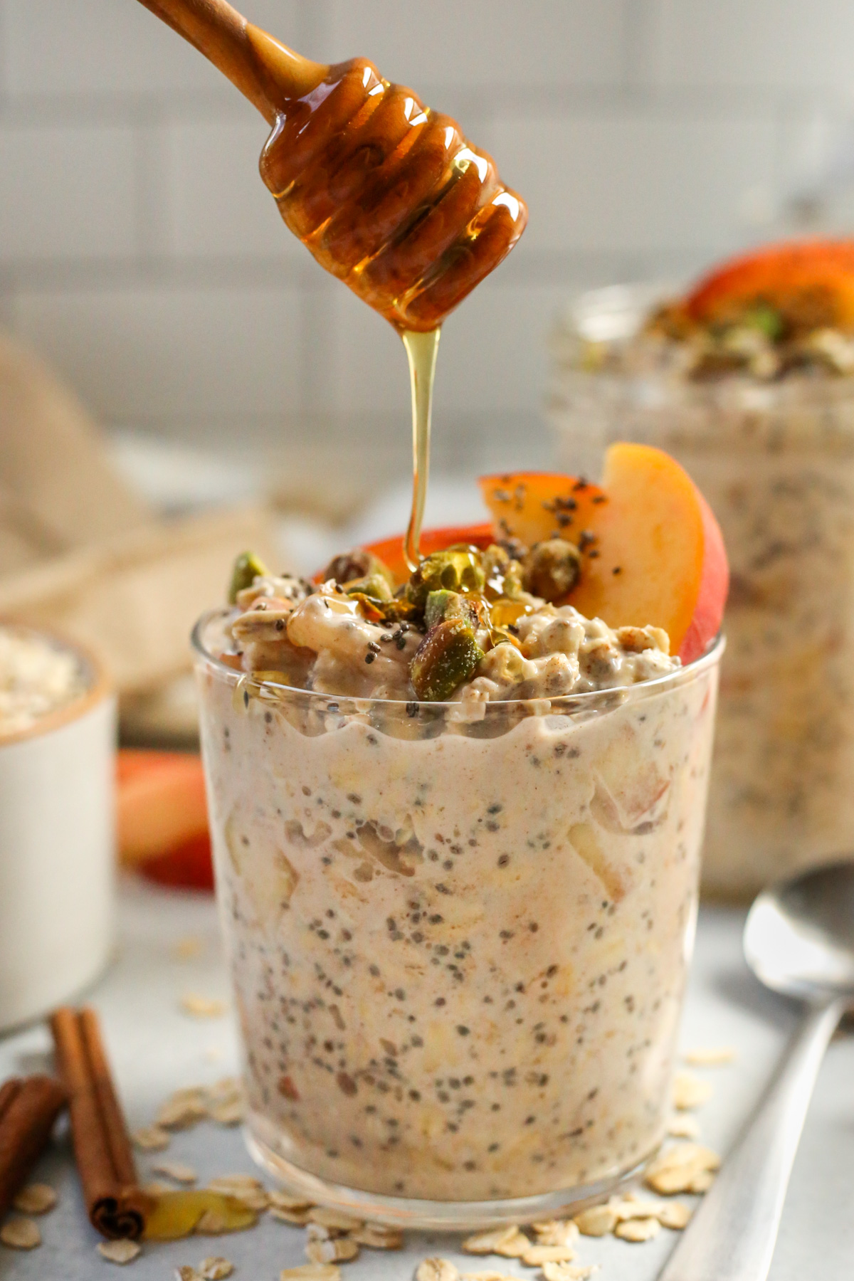 Nutty Peaches and Cream Overnight Oats in a Mason Jar