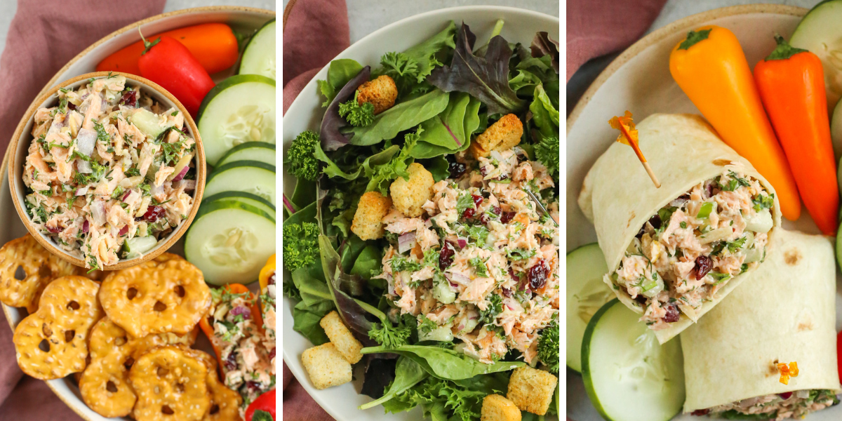 Three images showcase the versatility of this salmon salad recipe for lunch, from left to right showing a dip on a serving platter with crunchy veggies and pretzel chips, a salad made with leafy greens and croutons, and a wrap made with a tortilla and served with sliced cucumbers