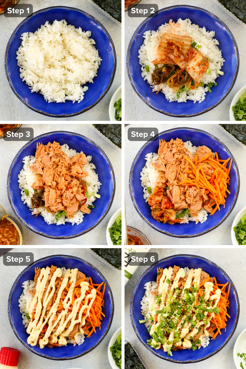 An infographic consisting of six images showing the six steps to make chamchi deopbap (Korean tuna rice bowl). The same glazed serving bowl is shown from an overhead angle in each photo, with layers of rice, kimchi, tuna, carrots, kewpie mayo, and garnish added in order. A small black text box appears in the upper left corner of each image in the graphic, indicating Step 1 through Step 6