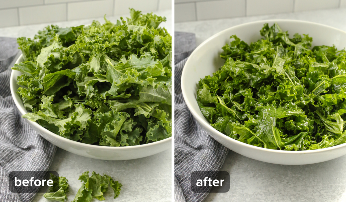 Two images side by side showing the same bowl of raw kale before and after massaging to tenderize it. The left photo shows the kale appearing dry and voluminous, with a small text box in the lower lefthand corner reading "before". The right image shows the same bowl from the same angle, with the kale appearing more tender and reduced significantly in volume, with a small text box in the lower lefthand corner reading "after"