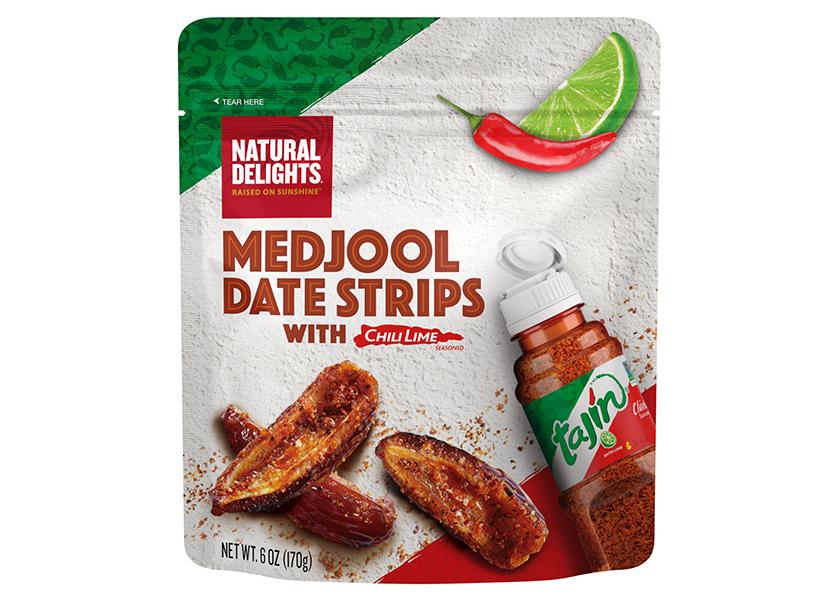 An image of the packaging for Natural Delights' Medjool Date Strips with Chili Lime, with a bottle of tajin seasoning pictured on the front of the bag