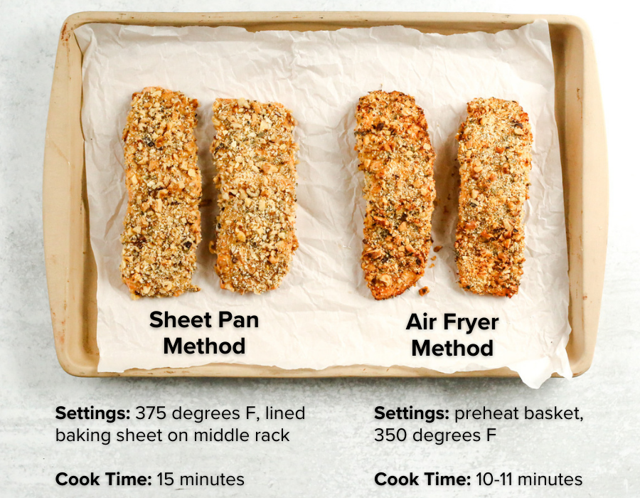 Infographic showing a side by side comparison of the sheet pan cooking method and air fryer cooking method, with two fillets cooked with each method shown. The air fryer method (right) appears more crispy and browned, and small black text on the images provides the detailed cooking instructions for each method