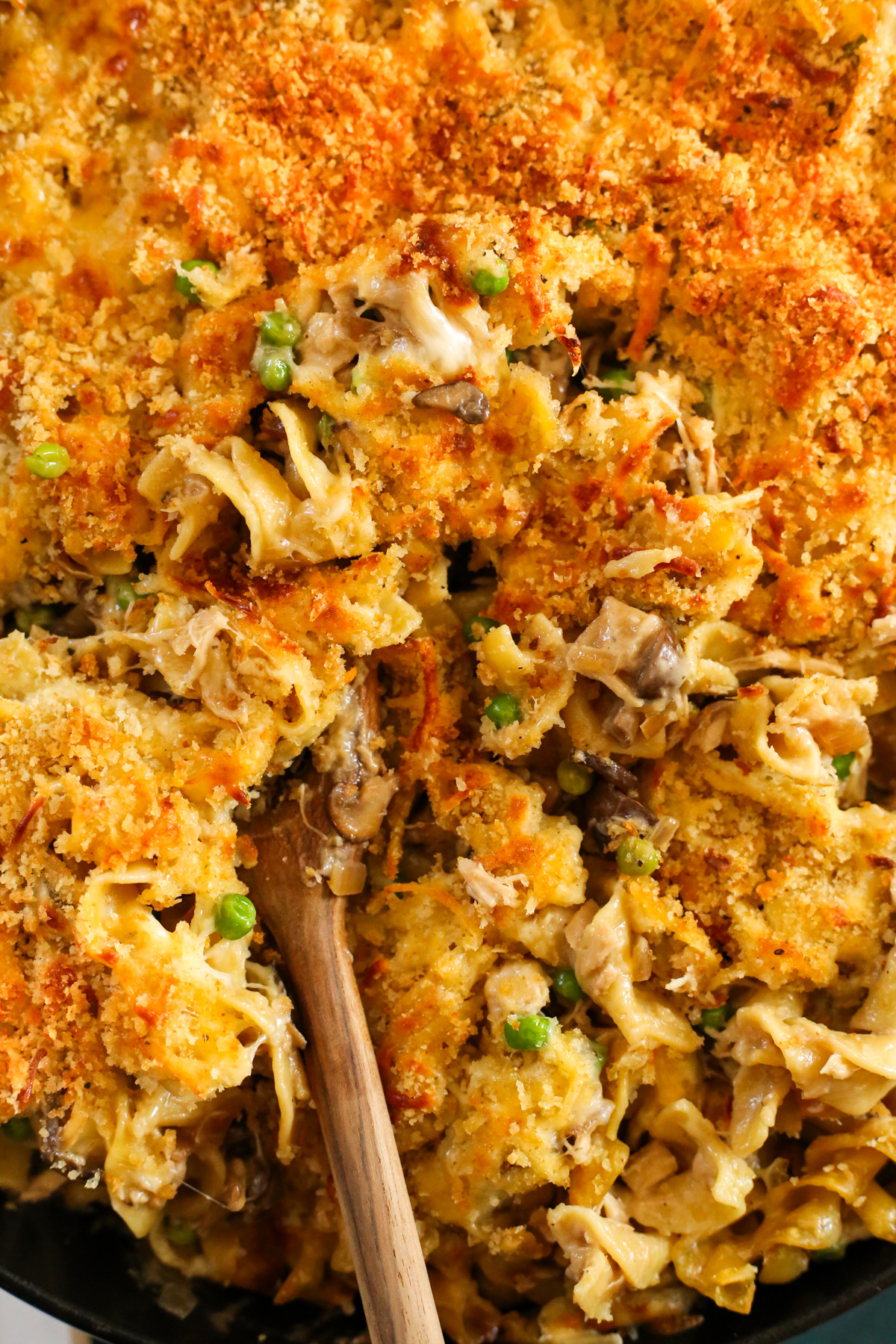 A close view into a cheesy tuna noodle casserole, showing the creamy sauce and melted cheese with a wooden serving spoon included as if about to serve the meal