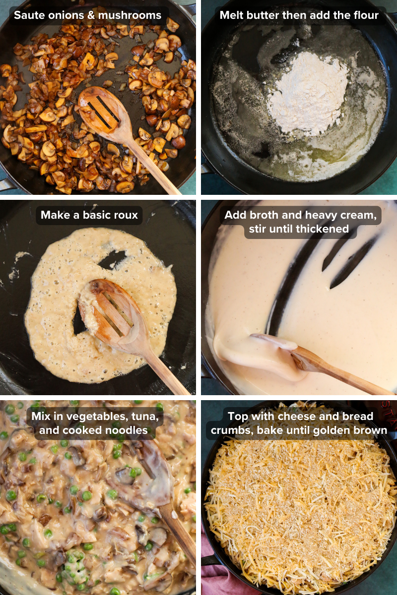 A graphic showing the steps to make a homemade tuna noodle casserole, as described in the instructions. The same overhead angle is used for each of the six process photos