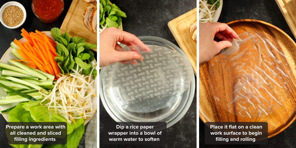Infographic containing three images that show a tutorial for making leftover turkey spring rolls, starting with an overhead view of the filling ingredients (far left), overhead view of a woman's hand dipping a rice paper wrapper into a clear glass bowl of water (middle), and the rice paper wrapper laid flat on a wooden placemat (far right), with white text on a semi transparent black background explaining the steps in the lower left corner of each image