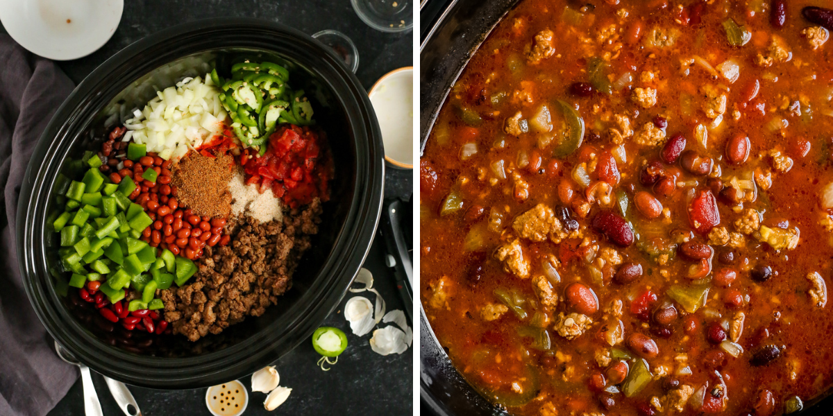 A two-panel image showing the before and after cooking process for making lamb chili in a slow cooker, with the left image showing the uncooked ingredients poured into the bowl of a black crock pot, before being mixed, and the right image showing the same lamb chili after cooking for several hours, appearing well mixed and deeply seasoned with pieces of ground lamb, beans, tomatoes, onions, and peppers mixed throughout a rich stew base