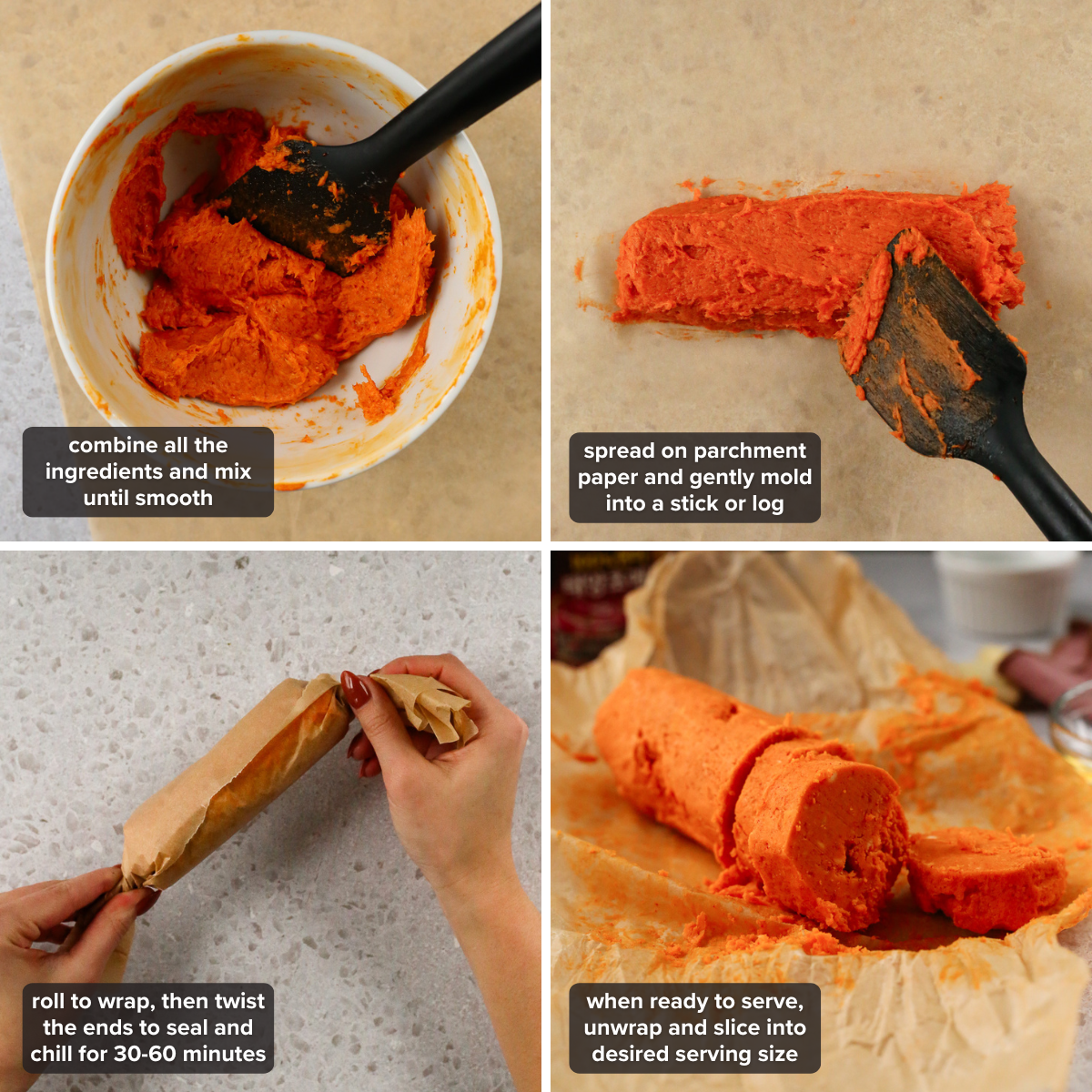 A series of four process shots showing the steps to make gochujang butter, including mixing the ingredients, forming them into a stick or log, wrapping it in parchment paper, then slicing it after chilling. White text on a semi-transparent black background accompanies each image with a very brief description of the steps outlined in the instructions.