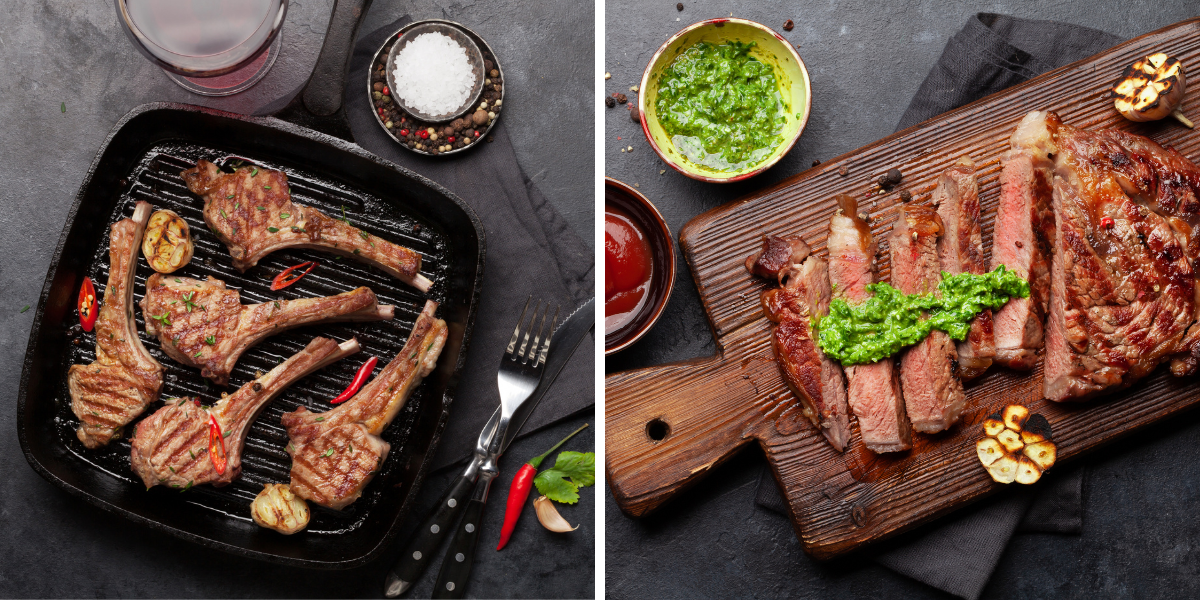 Two images side by side depicting a grill pan with seared lamb chops and a serving board with a grilled steak cut into slices.