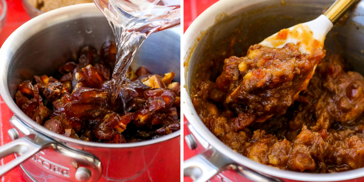 Left image shows a small saucepan with chopped dates as water is poured on top. Right image shows the same saucepan with the dates cooked down to a thick paste.