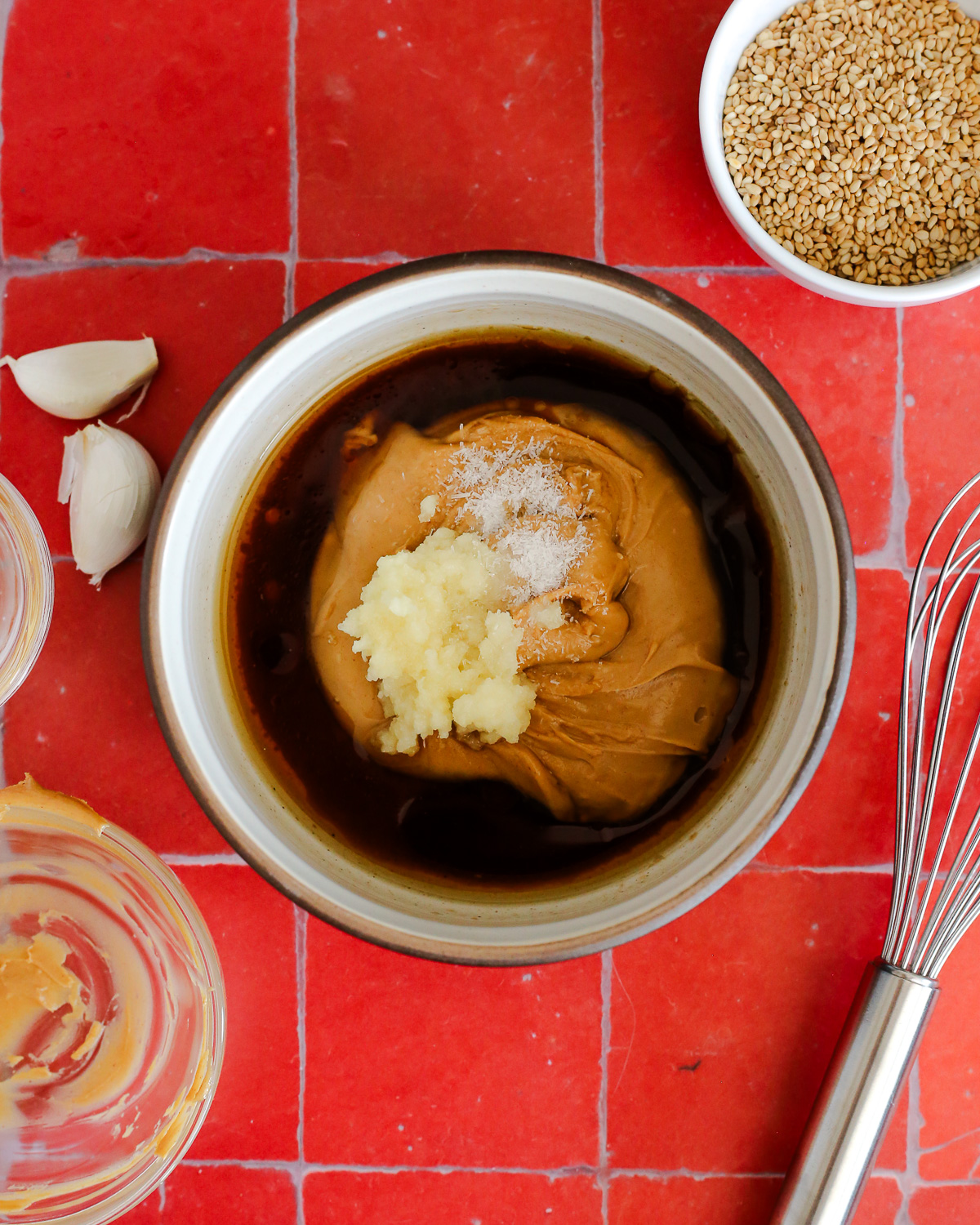 The sauce ingredients in a small ceramic bowl, unmixed.